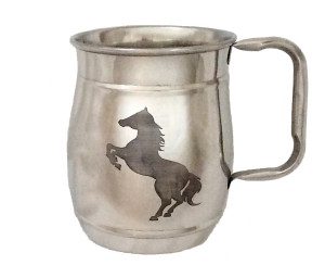 A stainless steel mug with a horse on it.