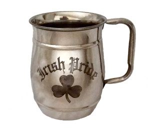 A stainless steel mug with the word irish pride on it.