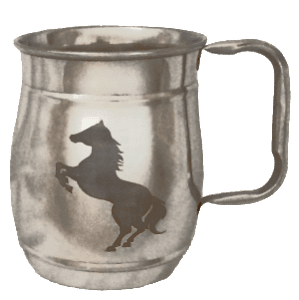 A silver mug with a horse on it.