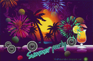 A summer party background with fireworks and a refreshing drink.