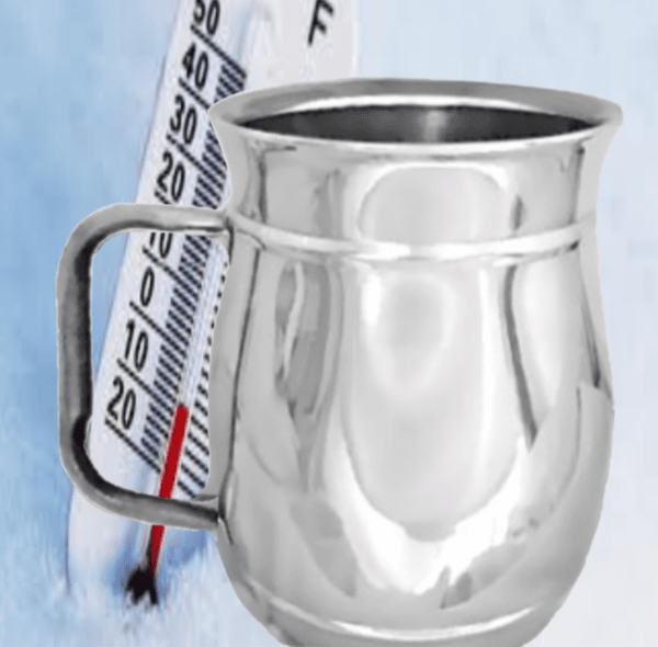 A *Double Wall Insulated | Great For Coffee*Beer*Sangria | Summer Sales mug with a thermometer next to it.