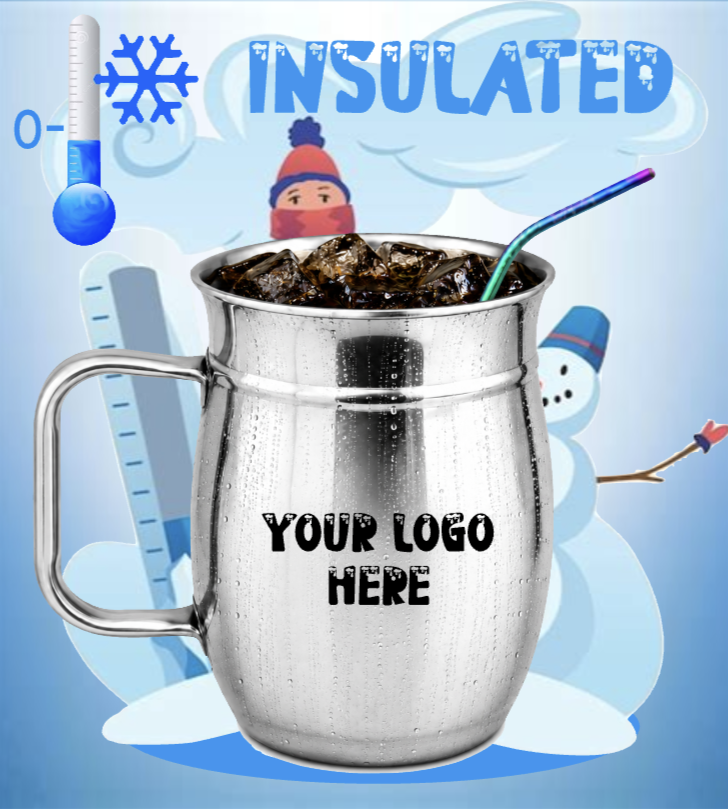 Insulated stainless steel mug with ice and straw