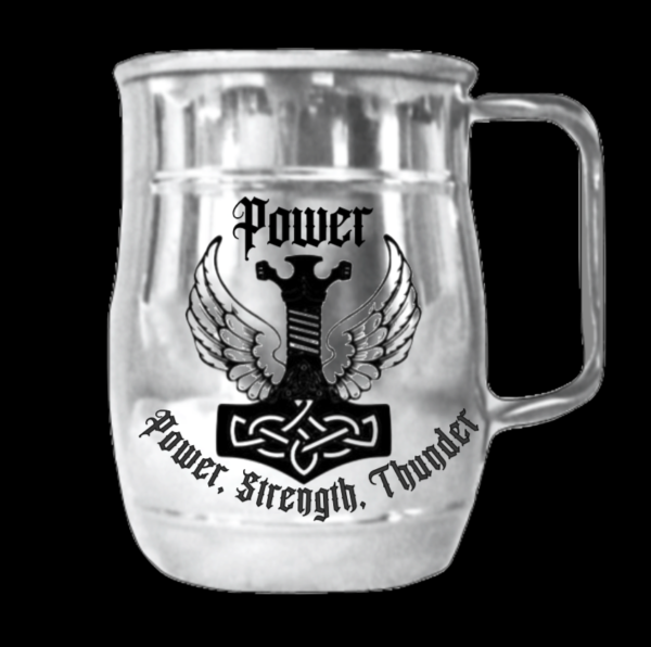A metal Power Hammer Beer-Coffee Mug with the words power and strength, perfect for fans of movie memorabilia.