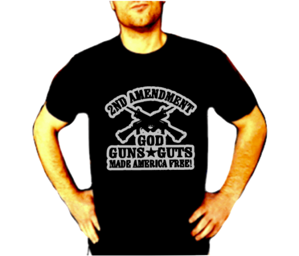 A man wearing a black t-shirt from Shop| Men's & Women's Custom Designed T-Shirts & Tanks with the words 'good guns good guts' on it.